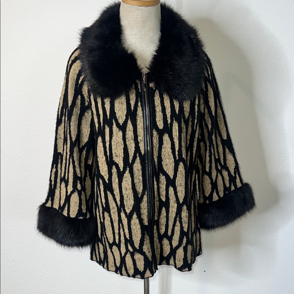 Chicos Wool Blend 3/4 Sleeve Cardigan with Faux Fur Trimmed Cuffs and Collar